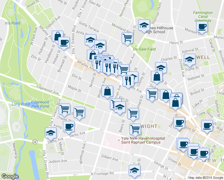 map of restaurants, bars, coffee shops, grocery stores, and more near 679 Elm Street in New Haven