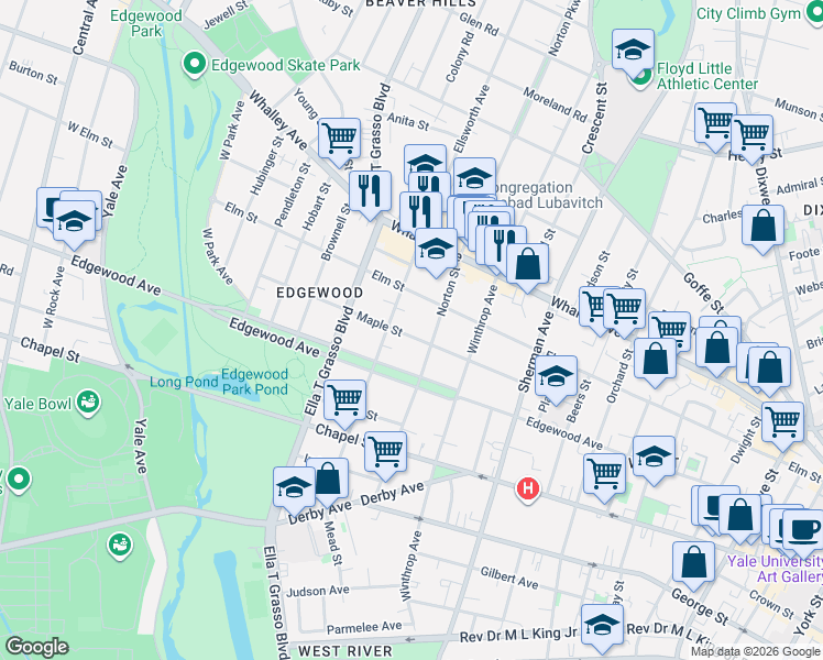 map of restaurants, bars, coffee shops, grocery stores, and more near 119 Maple Street in New Haven