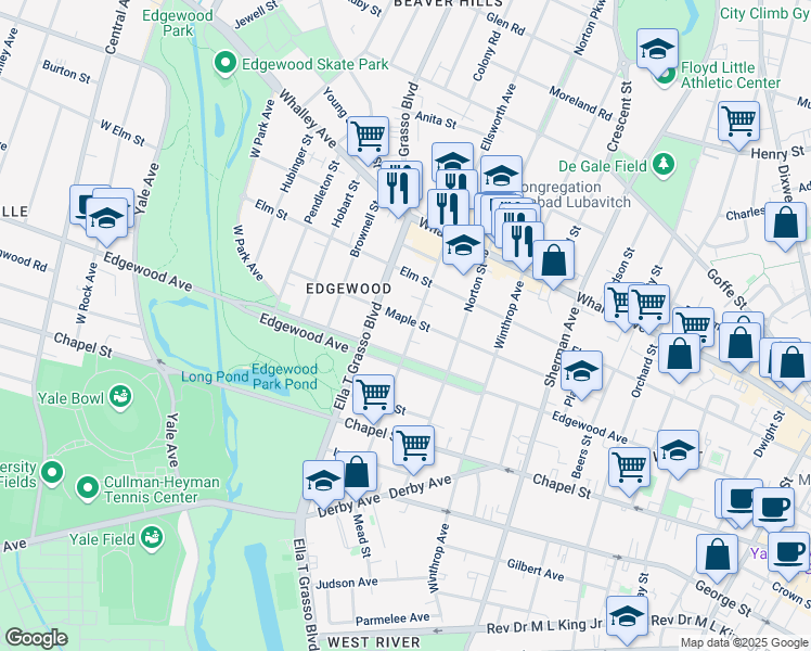 map of restaurants, bars, coffee shops, grocery stores, and more near 156 Maple Street in New Haven