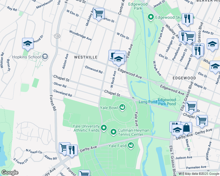 map of restaurants, bars, coffee shops, grocery stores, and more near in New Haven