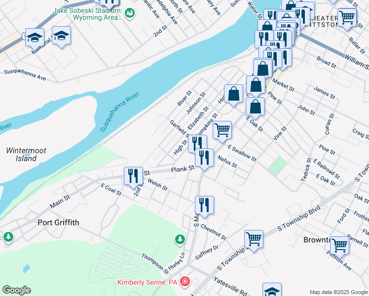 map of restaurants, bars, coffee shops, grocery stores, and more near High Street in Pittston