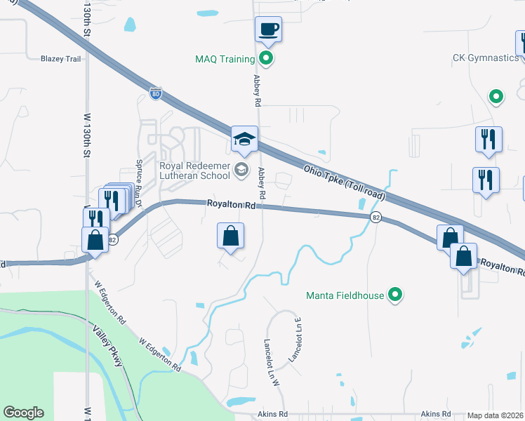 map of restaurants, bars, coffee shops, grocery stores, and more near 11656 Royalton Road in North Royalton