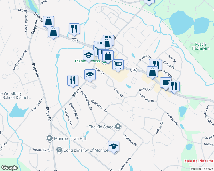 map of restaurants, bars, coffee shops, grocery stores, and more near 17 Nancy Court in Monroe