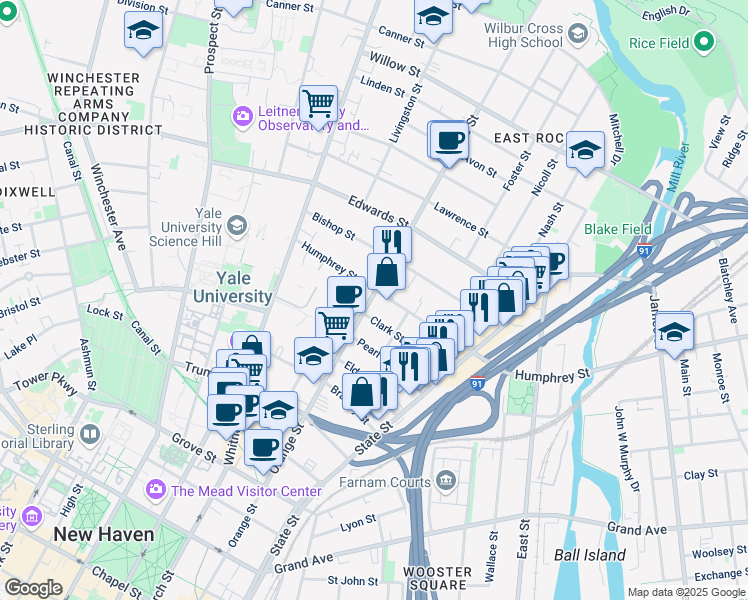 map of restaurants, bars, coffee shops, grocery stores, and more near 575 Orange Street in New Haven