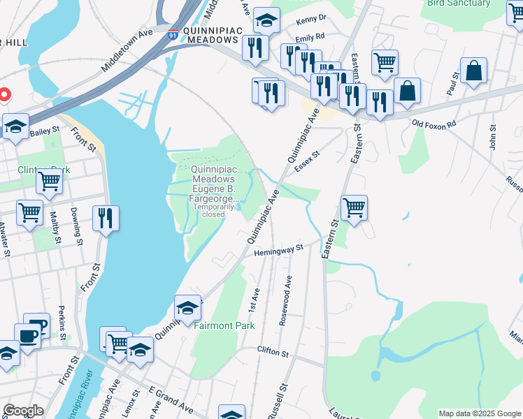 map of restaurants, bars, coffee shops, grocery stores, and more near 1040 Quinnipiac Avenue in New Haven