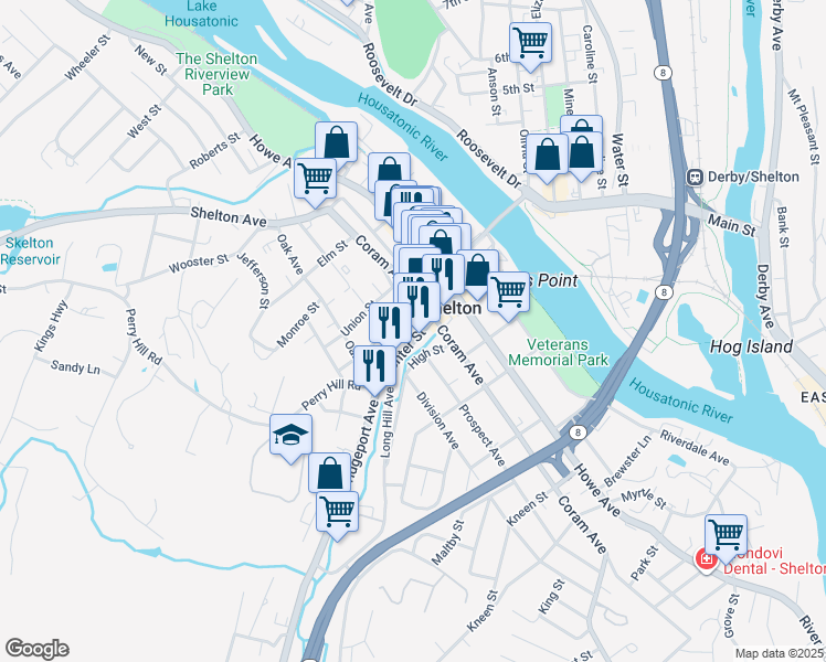 map of restaurants, bars, coffee shops, grocery stores, and more near 15 Liberty Street in Shelton