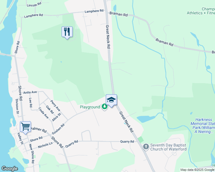 map of restaurants, bars, coffee shops, grocery stores, and more near 153 Great Neck Road in Waterford