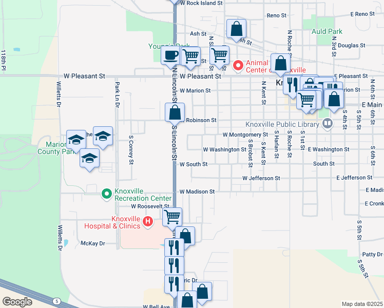 map of restaurants, bars, coffee shops, grocery stores, and more near 914 West Washington Street in Knoxville