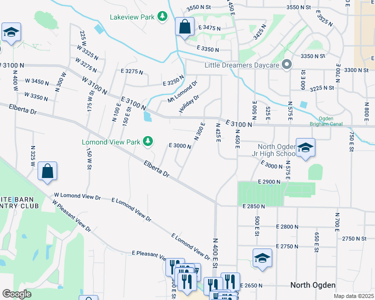 map of restaurants, bars, coffee shops, grocery stores, and more near 2999 North 300 East in Ogden