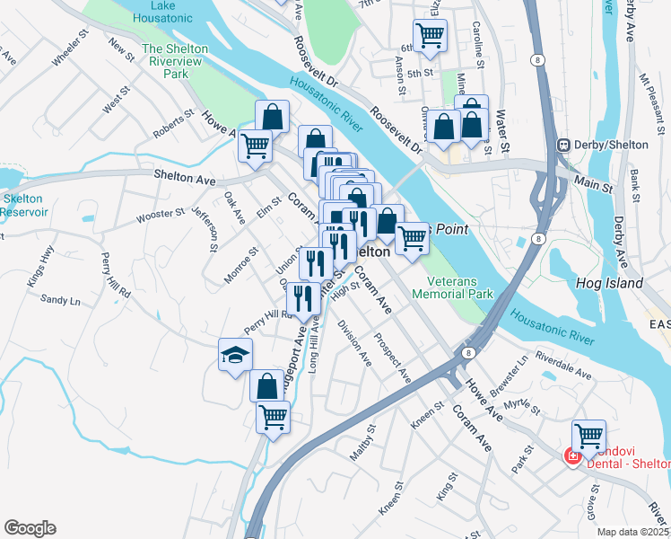 map of restaurants, bars, coffee shops, grocery stores, and more near 15 Liberty Street in Shelton