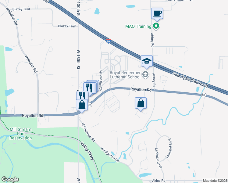 map of restaurants, bars, coffee shops, grocery stores, and more near 12465 Deer Creek Drive in North Royalton