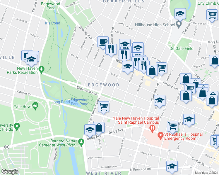 map of restaurants, bars, coffee shops, grocery stores, and more near 156 Maple Street in New Haven