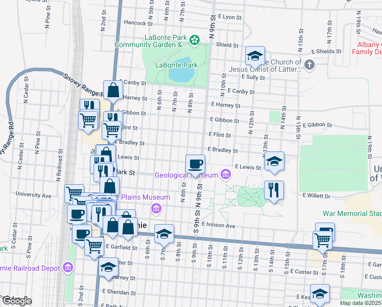 map of restaurants, bars, coffee shops, grocery stores, and more near 465 North 8th Street in Laramie