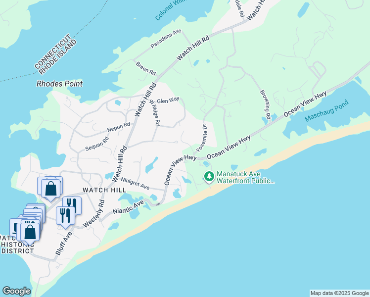 map of restaurants, bars, coffee shops, grocery stores, and more near 6 Overlook Drive in Westerly