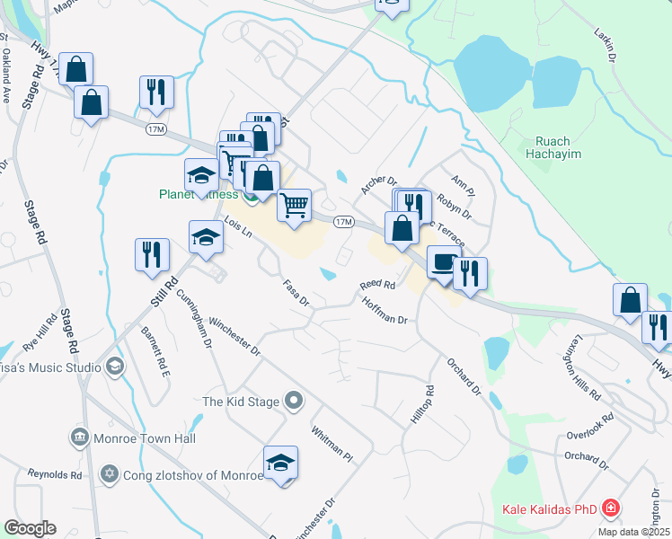 map of restaurants, bars, coffee shops, grocery stores, and more near 46 Fitzgerald Court in Monroe