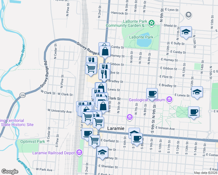 map of restaurants, bars, coffee shops, grocery stores, and more near 453 North 3rd Street in Laramie
