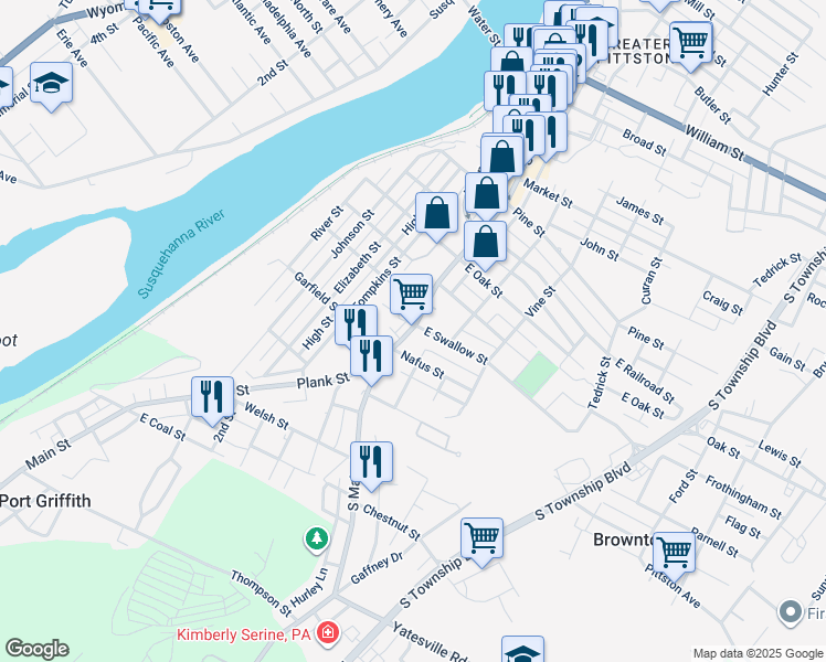 map of restaurants, bars, coffee shops, grocery stores, and more near 257 S Main St in Pittston