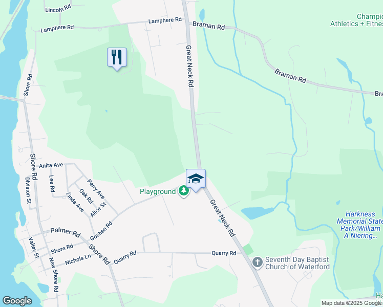map of restaurants, bars, coffee shops, grocery stores, and more near 153 Great Neck Road in Waterford