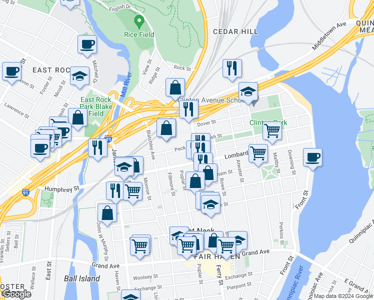 map of restaurants, bars, coffee shops, grocery stores, and more near 297 Peck Street in New Haven