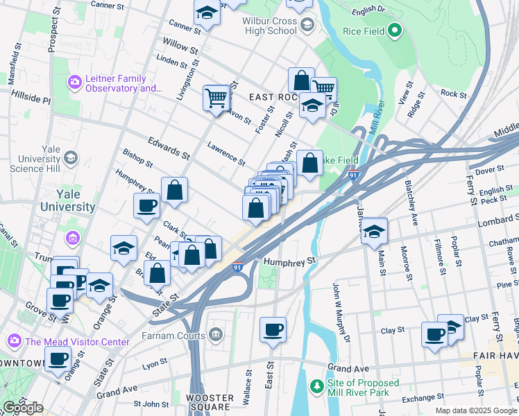 map of restaurants, bars, coffee shops, grocery stores, and more near 24 Edwards Street in New Haven