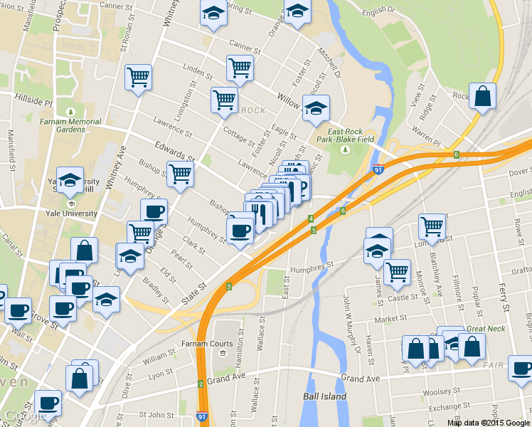 map of restaurants, bars, coffee shops, grocery stores, and more near 24 Edwards Street in New Haven