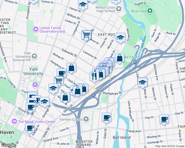 map of restaurants, bars, coffee shops, grocery stores, and more near 47 Bishop Street in New Haven
