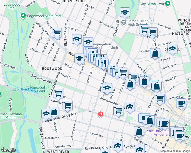 map of restaurants, bars, coffee shops, grocery stores, and more near 679 Elm Street in New Haven