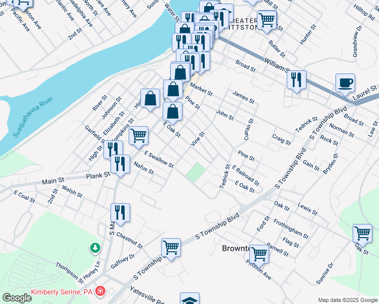 map of restaurants, bars, coffee shops, grocery stores, and more near 138 Vine St in Pittston