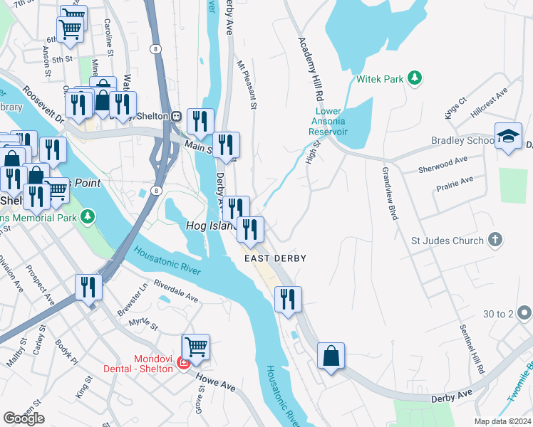 map of restaurants, bars, coffee shops, grocery stores, and more near 45 Gilbert Street in Derby