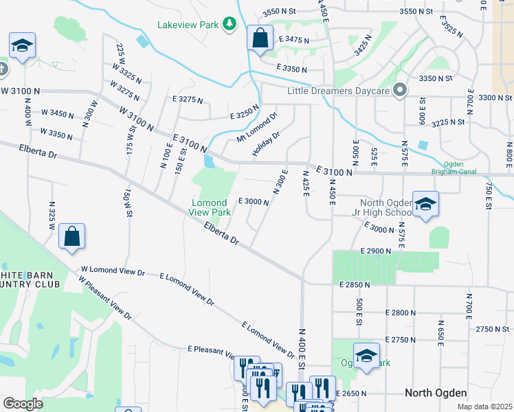map of restaurants, bars, coffee shops, grocery stores, and more near 269 East 3000 North in North Ogden