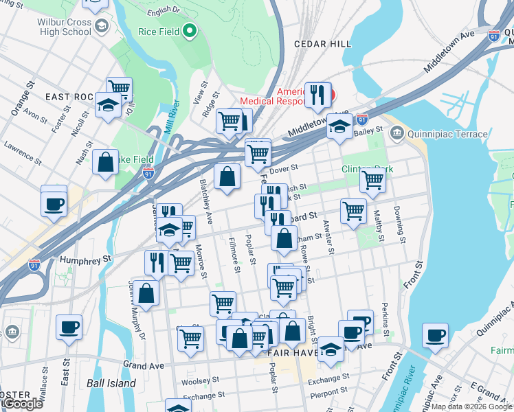map of restaurants, bars, coffee shops, grocery stores, and more near 264 Peck Street in New Haven