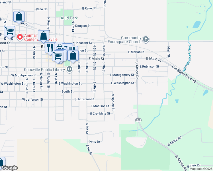 map of restaurants, bars, coffee shops, grocery stores, and more near 704 East Washington Street in Knoxville