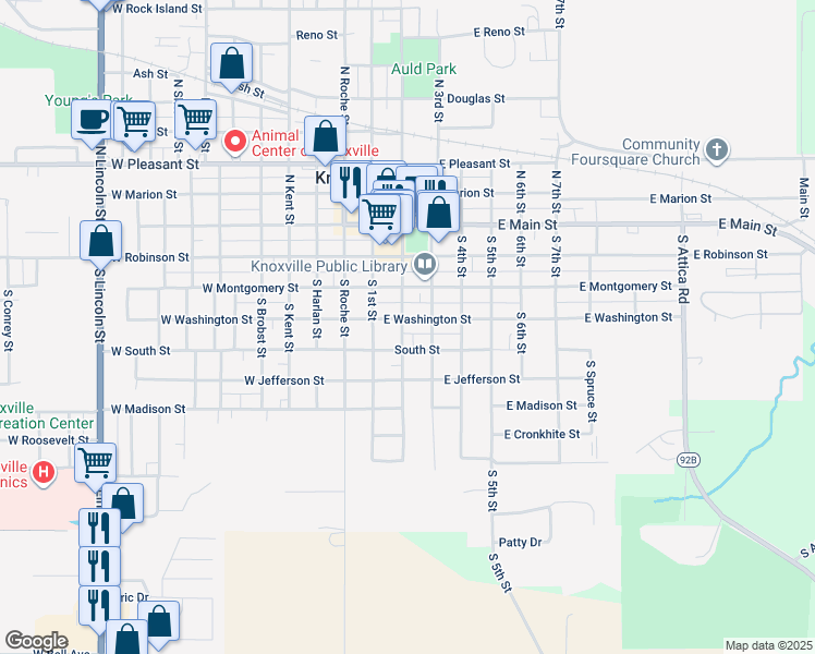 map of restaurants, bars, coffee shops, grocery stores, and more near 202 East Washington Street in Knoxville