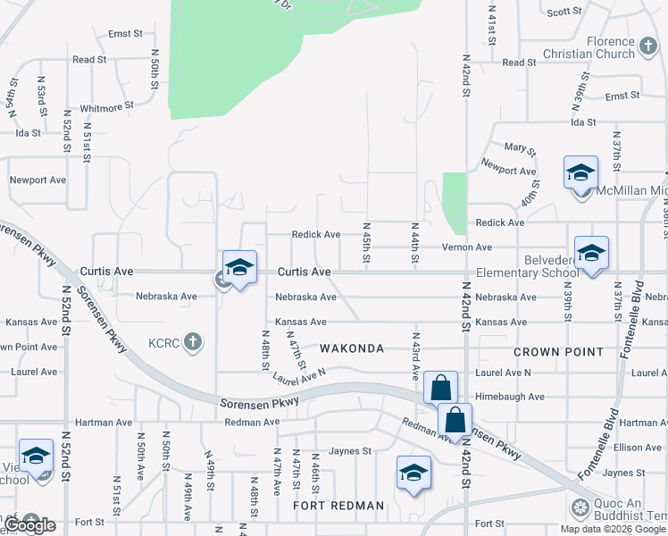 map of restaurants, bars, coffee shops, grocery stores, and more near 6302 N 46th St in Omaha