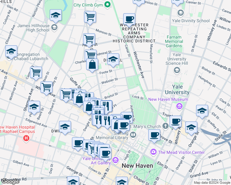 map of restaurants, bars, coffee shops, grocery stores, and more near 91 Bristol Street in New Haven