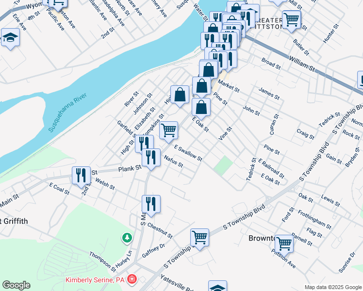 map of restaurants, bars, coffee shops, grocery stores, and more near 228 S Main St in Pittston