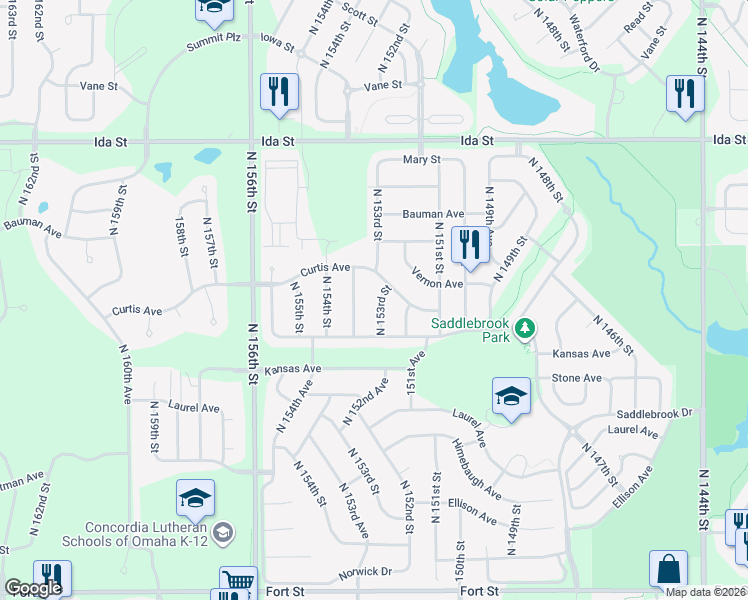 map of restaurants, bars, coffee shops, grocery stores, and more near 6232 North 153rd Street in Omaha