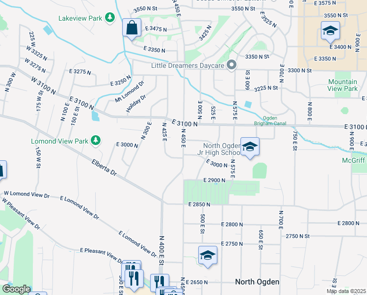 map of restaurants, bars, coffee shops, grocery stores, and more near 3029 North 450 East in Ogden
