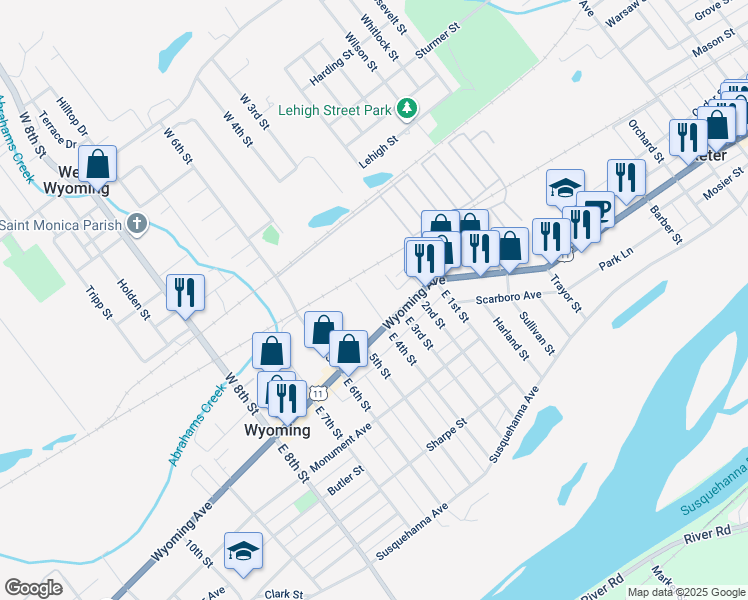map of restaurants, bars, coffee shops, grocery stores, and more near 30 Moosic Street in Wyoming