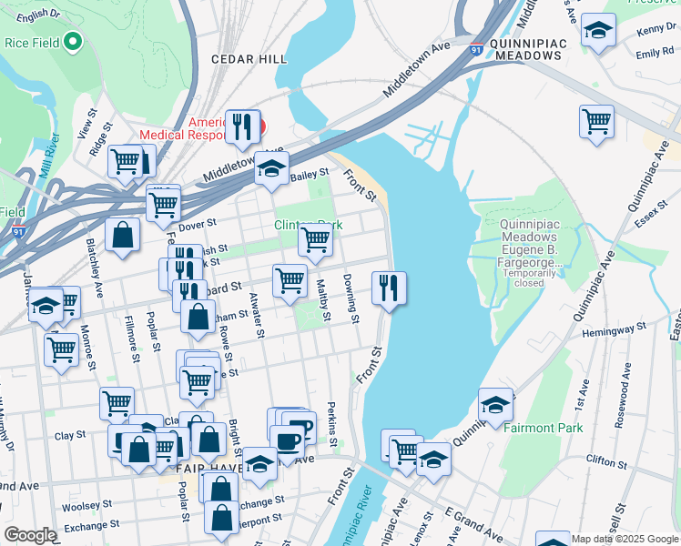 map of restaurants, bars, coffee shops, grocery stores, and more near 86 Lombard Street in New Haven