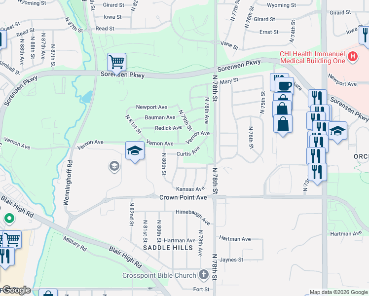 map of restaurants, bars, coffee shops, grocery stores, and more near 7939 Vernon Ave in Omaha