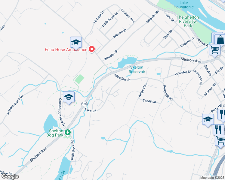 map of restaurants, bars, coffee shops, grocery stores, and more near 5 Meadow Lake Drive in Shelton