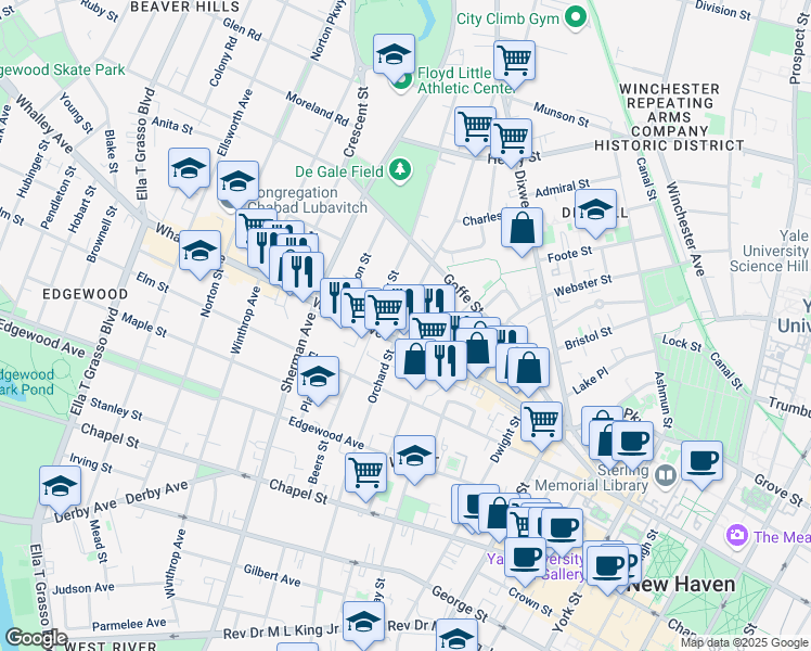 map of restaurants, bars, coffee shops, grocery stores, and more near 543 Orchard Street in New Haven