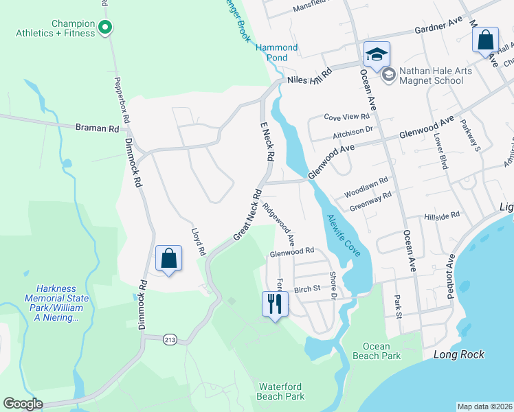 map of restaurants, bars, coffee shops, grocery stores, and more near 353 Great Neck Road in Waterford