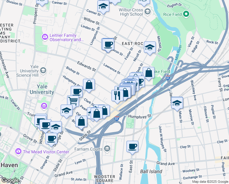 map of restaurants, bars, coffee shops, grocery stores, and more near 47 Bishop Street in New Haven