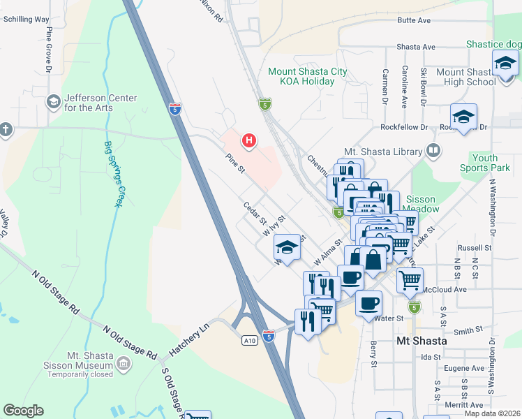 map of restaurants, bars, coffee shops, grocery stores, and more near 724 Cedar Street in Mount Shasta