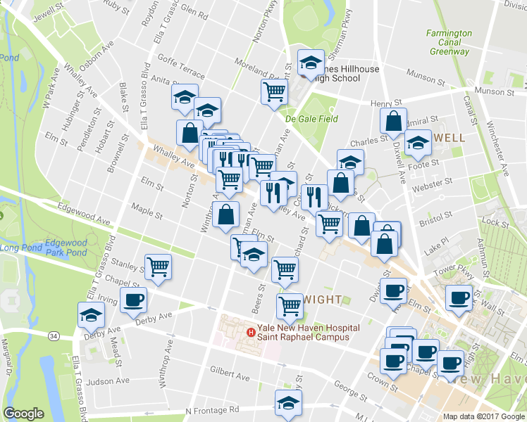 map of restaurants, bars, coffee shops, grocery stores, and more near 280 Whalley Avenue in New Haven