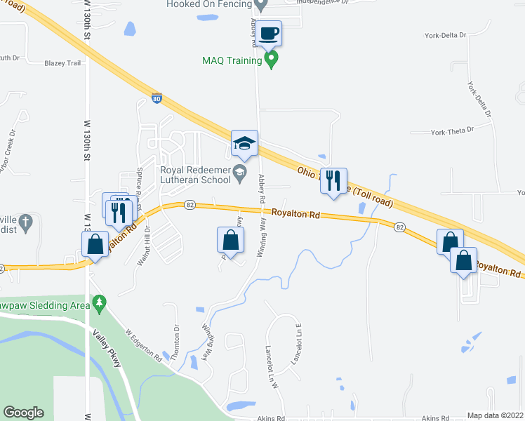 map of restaurants, bars, coffee shops, grocery stores, and more near Abbey Rd & OH-82 in North Royalton