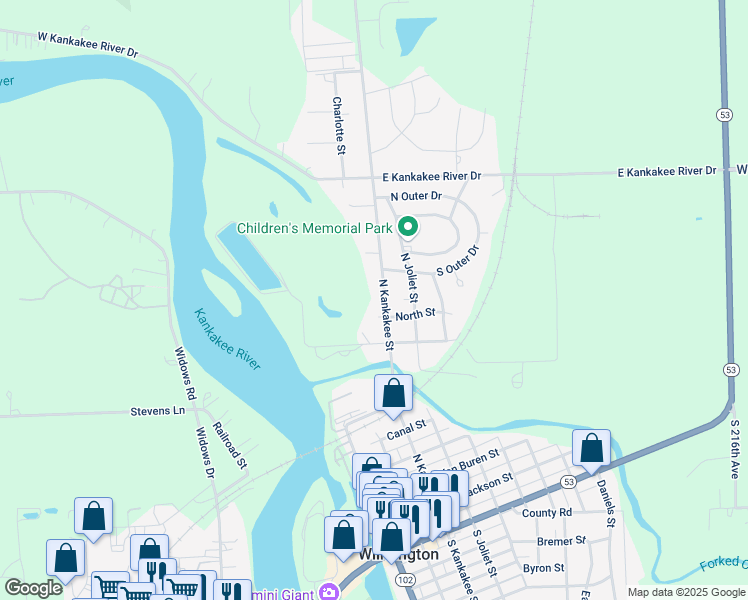 map of restaurants, bars, coffee shops, grocery stores, and more near 918 North Kankakee Street in Wilmington