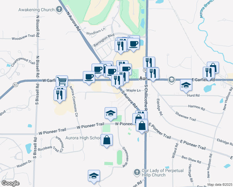 map of restaurants, bars, coffee shops, grocery stores, and more near Maple Lane in Aurora